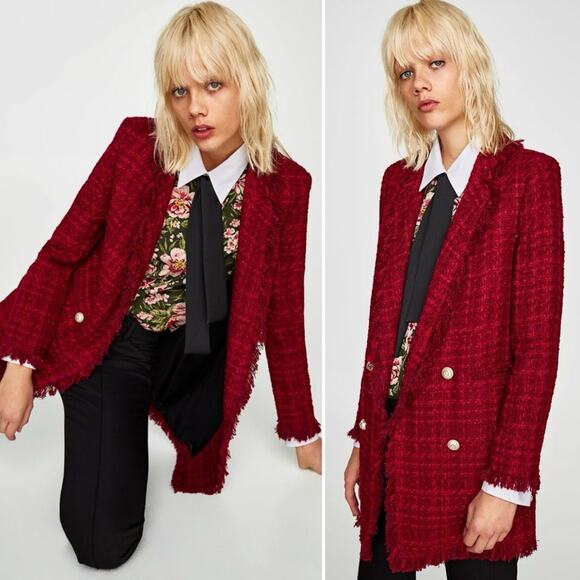 Zara Red Tweed Long Blazer - Picture 1 of 4